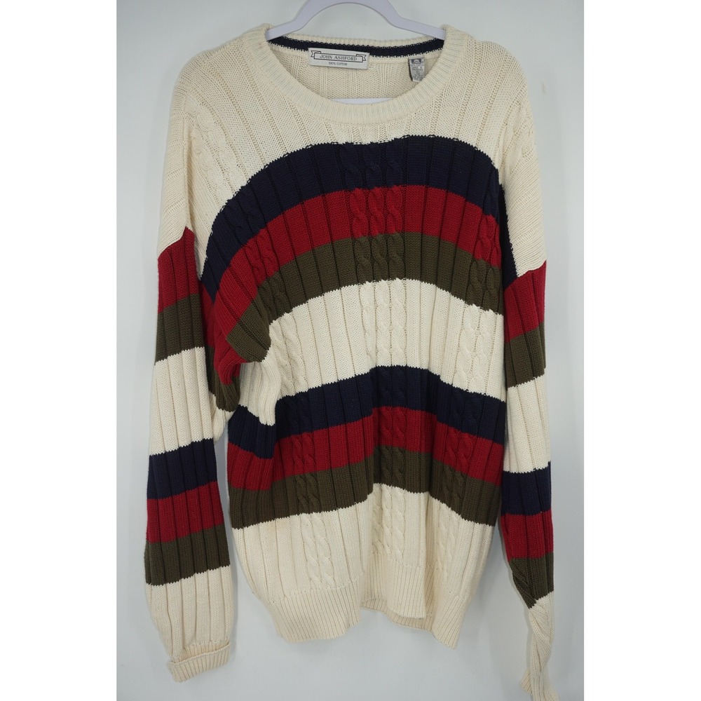 John Ashford Sweater Men's XL Cream Multicolor Stripe‎ Cotton Knit Crewneck 90s